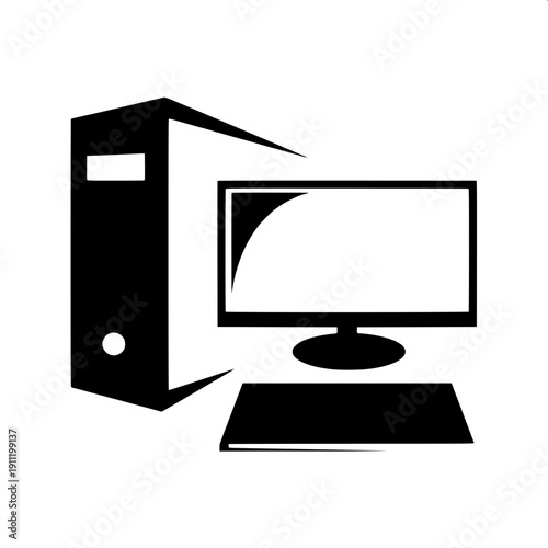 Computer setup flat vector silhouette, black PC tower, LCD monitor, wired peripherals, clean simple icon style