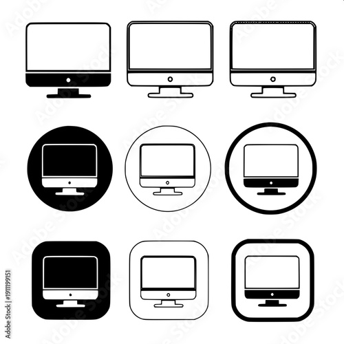 Computer setup flat vector silhouette, black PC tower, LCD monitor, wired peripherals, clean simple icon style