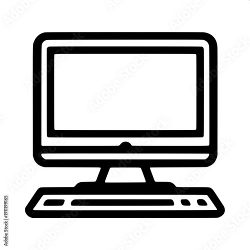 Computer setup flat vector silhouette, black PC tower, LCD monitor, wired peripherals, clean simple icon style