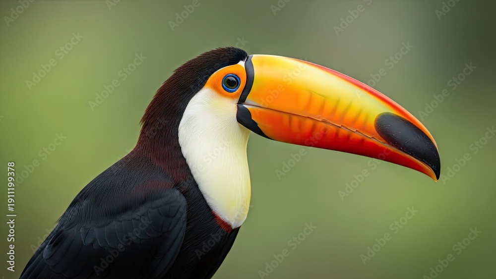 Naklejka premium Close up of a vibrant toucan bird with a large colorful beak against soft background