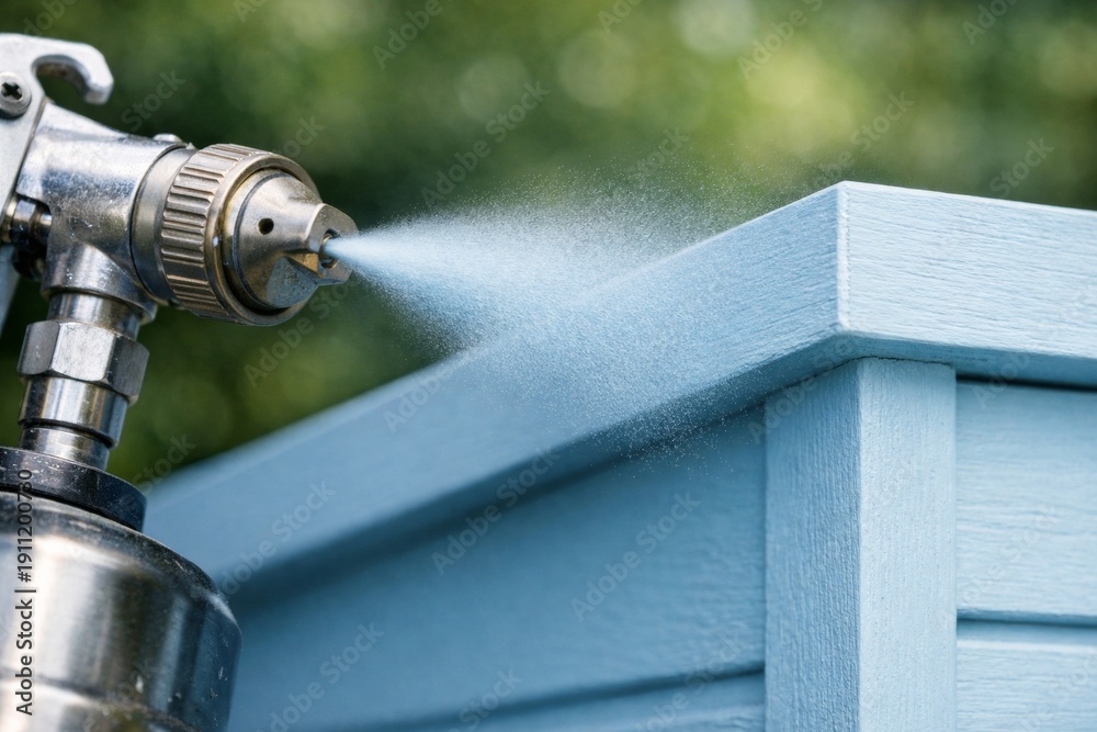 Obraz premium Spray gun applying blue paint to wooden surface during home improvement project, renovating outdoor structure