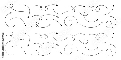 Tableau sur toile Smooth and Dashed Curved Arrow Icons for Direction, Navigation and Interface Des