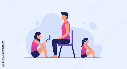 Father and two daughters exercising together in a healthy lifestyle activity