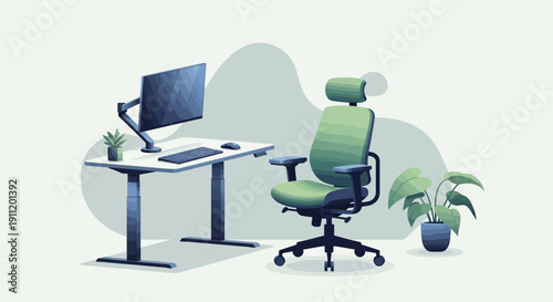 Modern home office setup with ergonomic chair and computer workstation