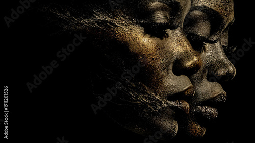 Double female portrait in golden tones over dramatic black background Generated with AI