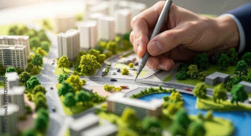 Fototapeta premium Architects hand sketching city model concept of urban planning and design