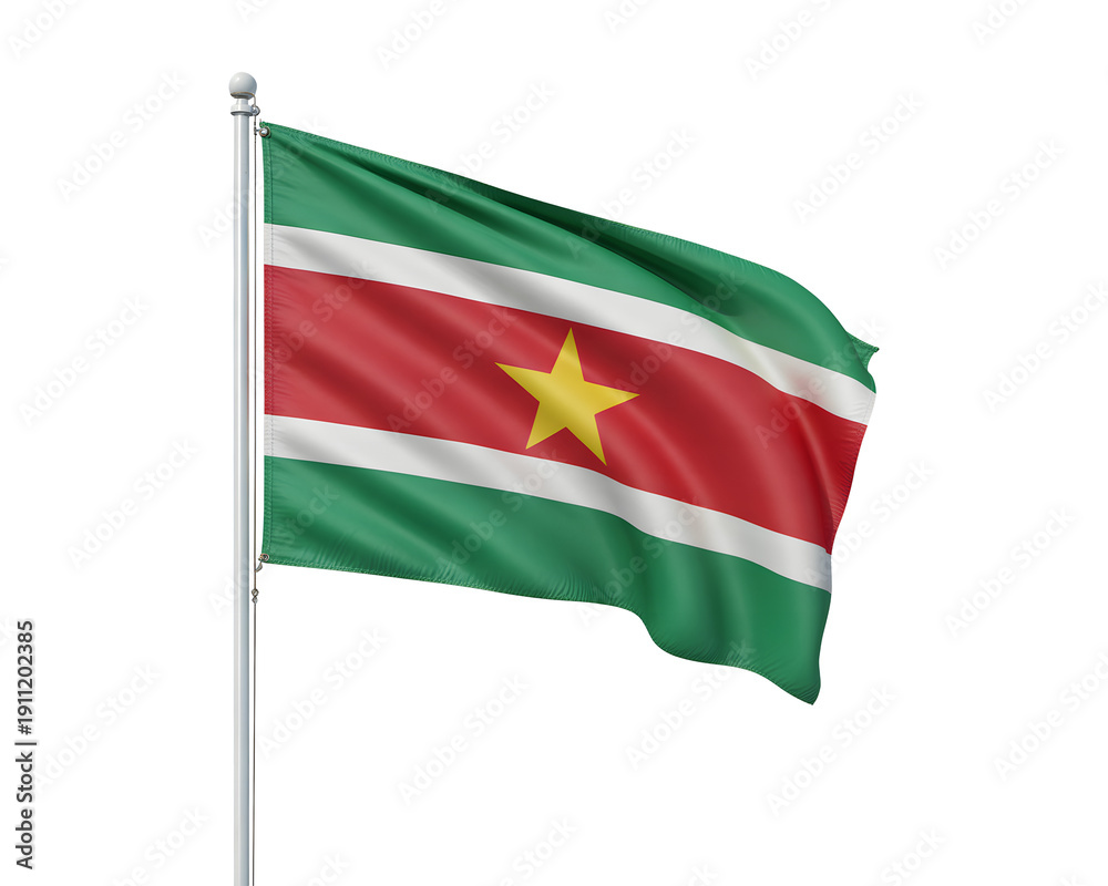 Obraz premium Proudly waving Surinamese flag symbolizes national pride and heritage, perfect for patriotic displays and cultural events.