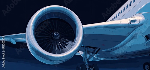 Detailed view of jet engine and aircraft wing at dusk. Close-up of turbine and fuselage