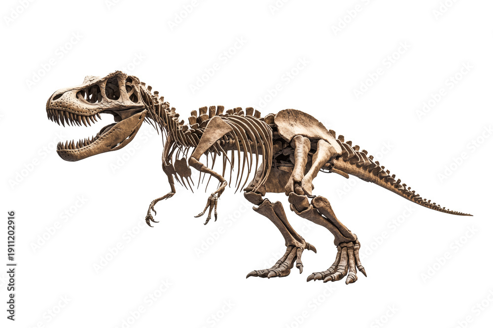 Fototapeta premium Detailed three dimensional rendering of a menacing tyrannosaurus rex fossil skeleton exhibiting powerful leg bones and massive jaw structure&nbsp;