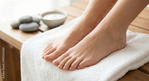woman feet resting on white soft towel in spa salon for wellness and relaxation treatment