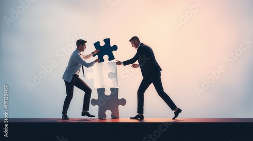 Business concept. People connect puzzle elements. Flat illustration in flat design style. Teamwork, partnership. Businessmen working together and moving towards success