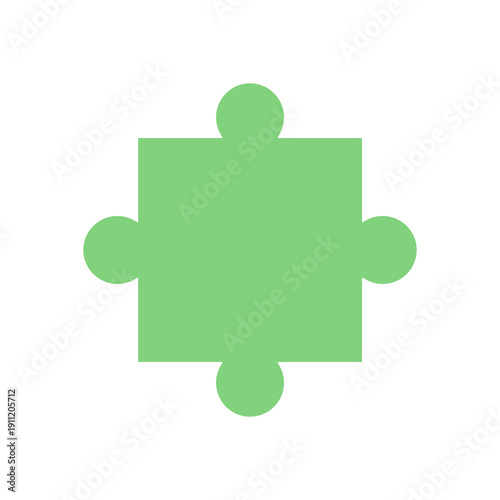 Flat green jigsaw puzzle piece for boardgame. Simple puzzle silhouette for table or toy concept. Fun and hobby element, isolated graphic leisure and activity.