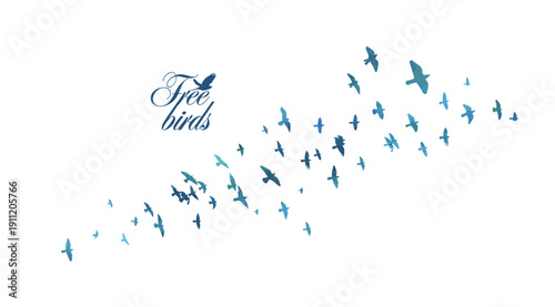 Flying birds blue silhouette flock. hand drawing. Not AI. Vector illustration