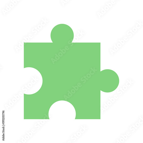 Flat green jigsaw puzzle piece silhouette. Simple hobby item for boardgame and table fun. Perfect for leisure, toy activities, and children entertainment in a flat style design.
