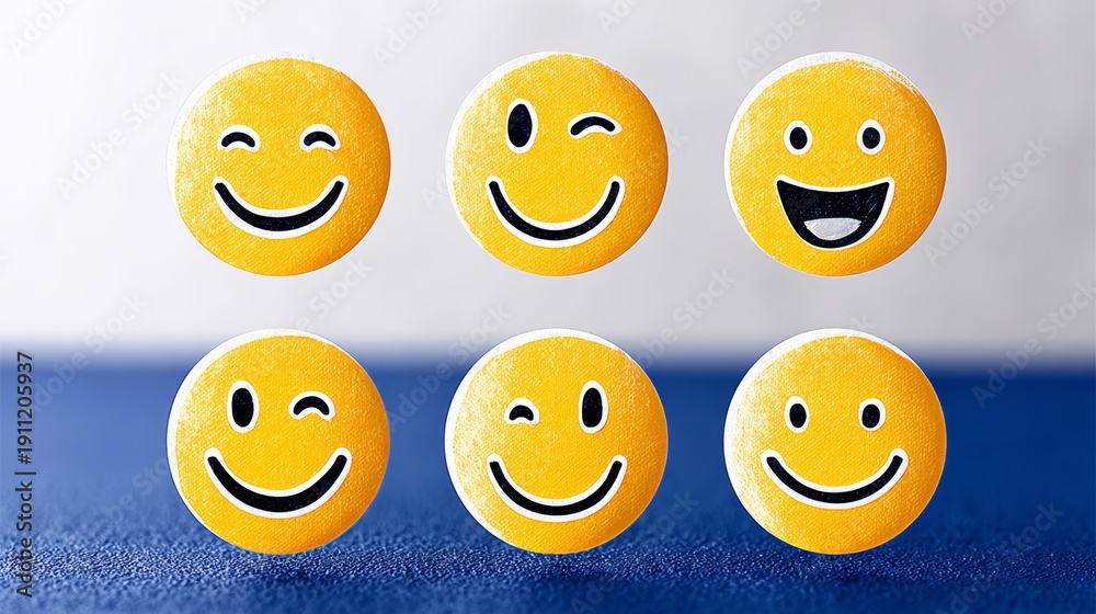 Fototapeta premium Illustration of six smiley icons featuring various facial expressions on a blue background, showcasing a range of emotions with vibrant yellow colors and clear outlines for each icon