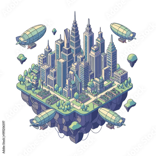 Floating Cityscape with Blimps and Futuristic Architecture.
