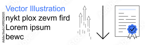 Digital licensing, data transfer, authentication, document approval, online certification, digital forms. Arrows pointing upward and document with a checkmark. Digital licensing and data transfer