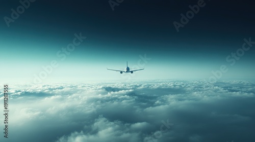 Airplane soaring above a sea of clouds in the sky.