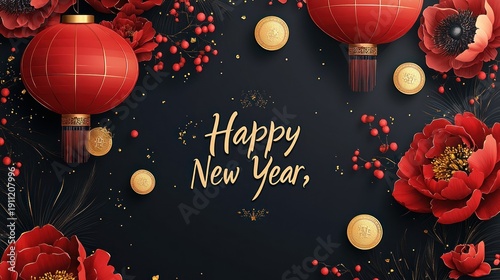 Festive Happy New Year Celebration with Lanterns and Flowers.