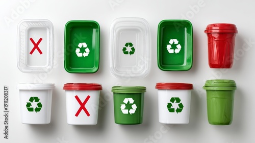 Flat lay of various plastic containers with recycling symbols, some marked with red X, arranged on a clean white background, educational infographic style, top-down view, bright natural lighting
