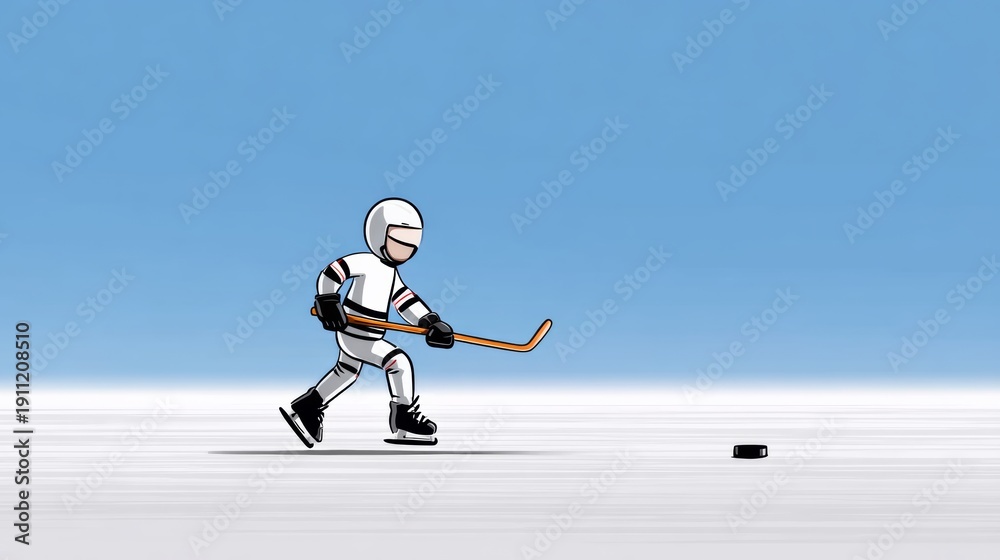 Obraz premium Stickman ice hockey player cartoon illustration skating on an ice rink, holding a hockey stick, with a puck positioned on the ice and a clear blue sky in the background