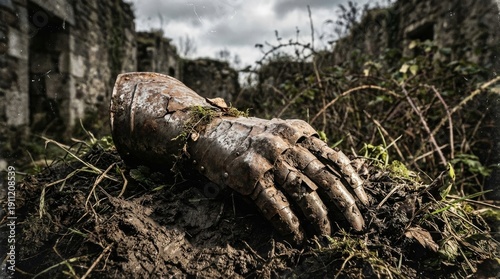 Corroded Medieval Gauntlet Lying in Overgrown Ruins