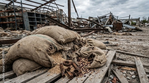 Damaged Burlap Sacks Spill Contents Amidst Ruined Structure