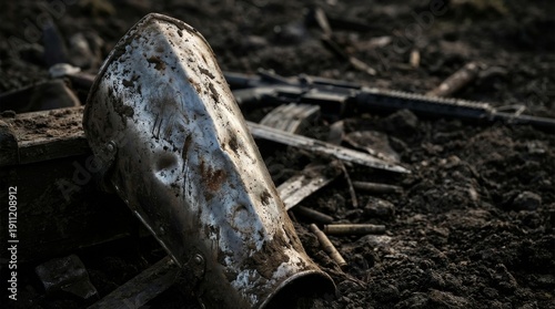 Damaged Steel Greave Fragment Amidst War Debris