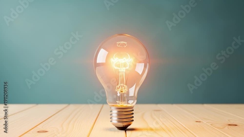 Brightly lit incandescent light bulb glowing with energy and radiating light rays on a wooden surface against a teal background, symbolizing a great idea or innovation.