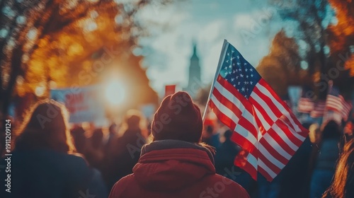 Patriotic Gathering - Crowd with American Flag at Sunset.