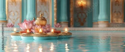 Serene Spa Ambiance - Lotus Flowers and Candles Floating on Water.