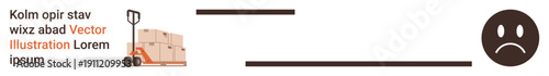 Logistics, freight, transportation problems, supply chain, delivery delays, storage management. A cart loaded with boxes alongside a sad face. Logistics and freight challenges concept