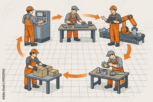 An illustration of a manufacturing process with workers in orange overalls performing various tasks in a factory setting with machinery and workbenches