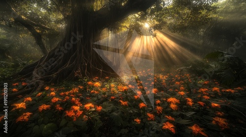 Sunlit Forest Floor with Vibrant Orange Flowers and Mystical Rays.