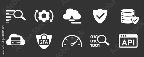 Cyber security and cloud computing vector icons set. Data protection, network server, API, 2FA authentication, and database storage flat icons