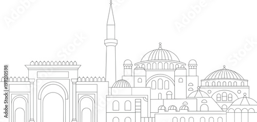 Islamic mosque architecture skyline vector illustration, minaret dome Arabic city landmark religious building outline design cultural heritage collection artwork