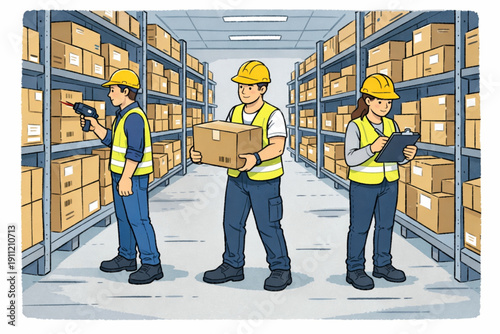 Three warehouse workers in safety vests and hard hats are busy with tasks in a large storage room filled with shelves of cardboard boxes.