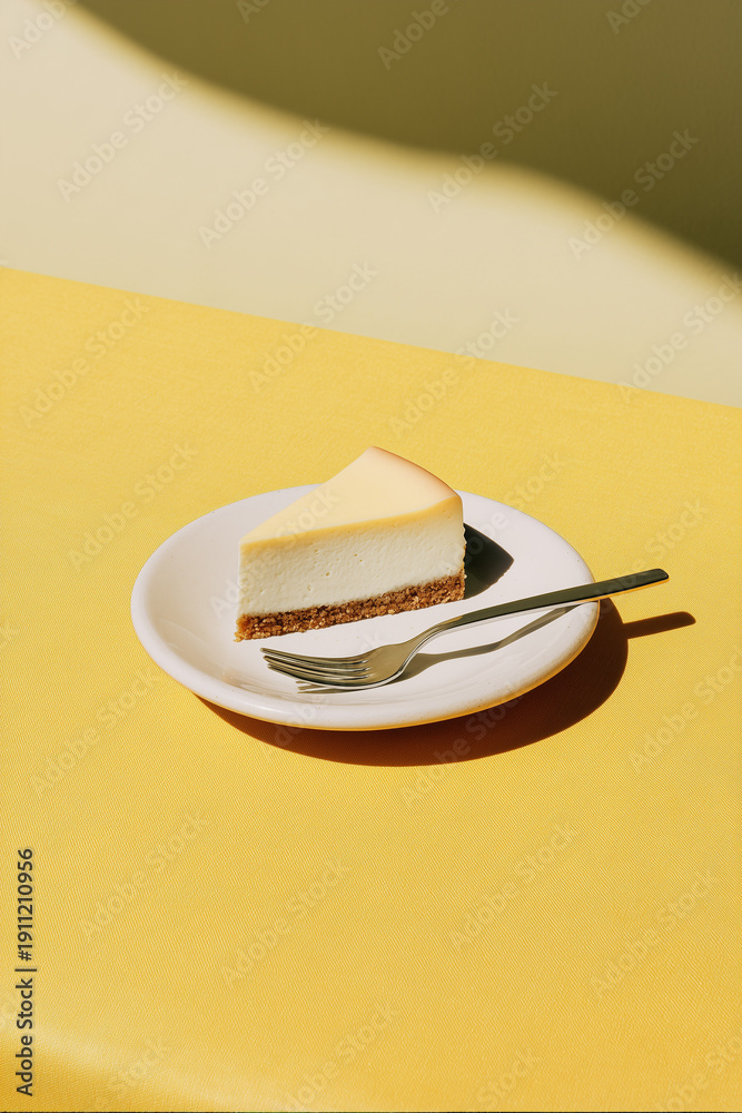 Fototapeta premium Cheesecake slice yellow background minimal