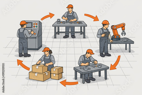 An illustration of a manufacturing process with workers in orange overalls performing various tasks in a factory setting with machinery and workbenches