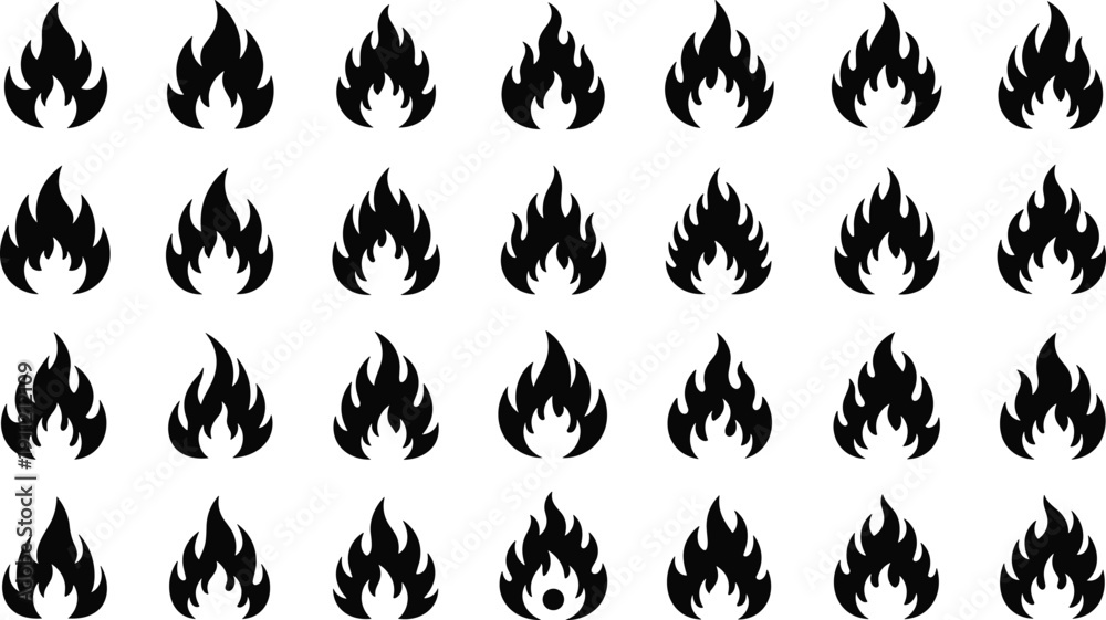 Εκτύπωση καμβά Flame icon set, stylized fire silhouettes, symmetrical designs, inner and outer