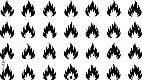 Flame icon set, stylized fire silhouettes, symmetrical designs, inner and outer contours, abstract variations - flat vector illustration