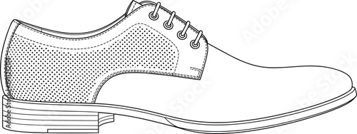 Formal dress shoe technical sketch, lace-up design, rounded toe, perforated leather texture, stitching detail - flat vector illustration