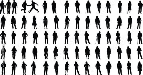 Human silhouette set, diverse poses, standing, walking, interacting, cane use, dynamic and static figures - flat vector illustration
