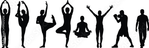 Human silhouette set, yoga, meditation, ballet, boxing, walking, fitness poses, dance, casual movement - flat vector illustration
