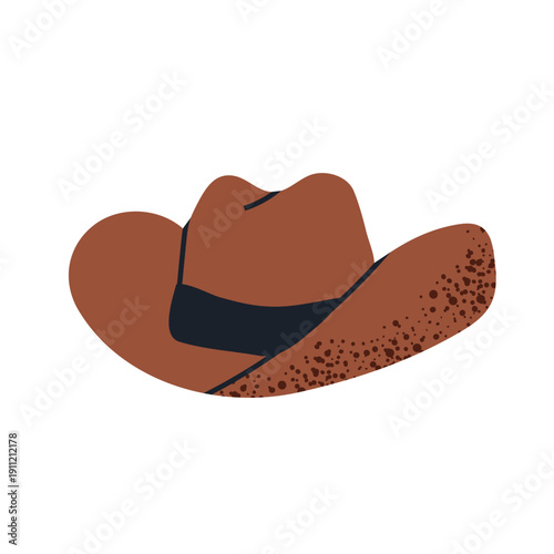 Classic brown cowboy hat vector illustration with a black ribbon and textured brim. Hand-drawn flat design of traditional western headwear, retro wild west style isolated on white background.