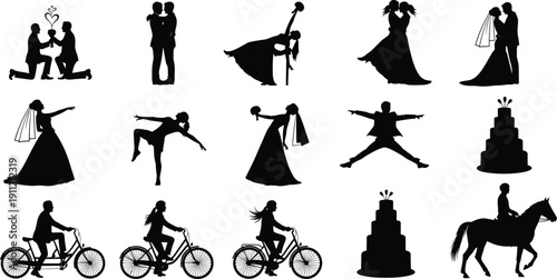 Wedding and romantic silhouette set, proposal, couple embrace, kissing, dancing, cake, bicycle, horse riding - flat vector illustration