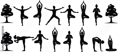Yoga silhouette set, tree pose, warrior stance, meditation, nature theme with trees, mindfulness balance - flat vector illustration