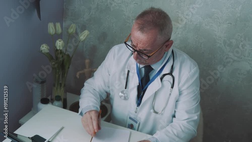 Focused senior physician in a white coat writing a medical prescription in his office
