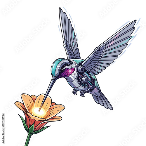 Mechanical Hummingbird with Intricate Details Feeding on a Flower.