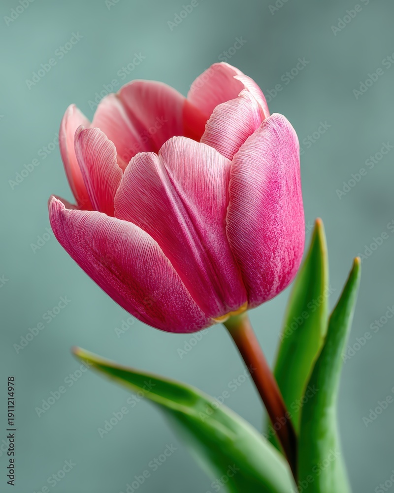 Fototapeta premium Single pink tulip on soft mint gradient background